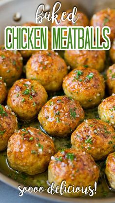 chicken meatballs in a skillet with sauce and parsley on the side, ready to be eaten