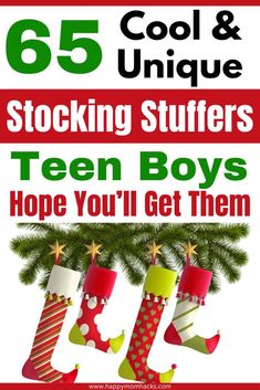 christmas stockings hanging from a tree with text that reads, 65 cool and unique stocking stuff