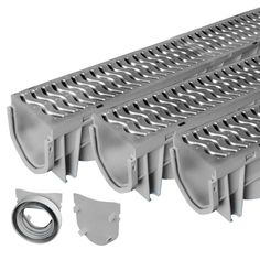 an assortment of metal parts are shown on a white background