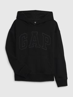 Soft knit cotton-blend hoodie.  Hooded neckline.  Long sleeves with banded cuffs.  Gap arch logo at front.  Front kanga pocket.  Banded hem.  Straight, easy fit.  Hits at the hip. Black Gap Zip Up Hoodie, Pro Club Clothes, Gap Black Hoodie, Cute Gap Hoodie, Black Gap Zip Up, Black Gap Hoodie Outfit, Gap Hoodie Aesthetic, Gap Brown Hoodie, Black Gap Hoodie