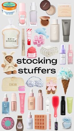 the words stocking stuff are surrounded by many different products and cosmeticss on display