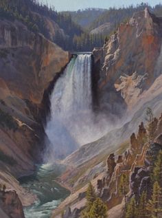 an oil painting of a waterfall in the mountains