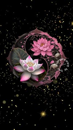 an artistic painting with pink and white flowers on a black background, surrounded by gold glitters