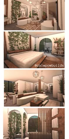 three different views of a living room with plants on the wall and in the ceiling