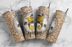 three tumblers with the words queen and bees on them