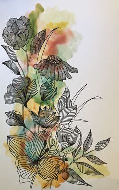 a drawing of flowers and leaves on a sheet of paper with colored watercolors