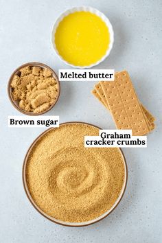 the ingredients to make graham crackers are shown in bowls