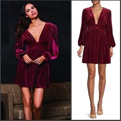 Gianni Bini Mariah Long Sleeve Plunging V-Neck Velvet Mini Dress New With Tags Vibrant Burgundy Color Stretch Velvet Fabric Fit And Flare Silhouette Plunging V-Neckline And V Back Long Sleeves With Light Ruched Shoulders And Elastic Sleeves Empire Waistband Concealed Back Zip Closure Fully Lined. Polyester /Elastane Dry Clean Size 2: Bust 32”, Waist 26”, Length 33” Size 4: Bust 34”, Waist 28”, Length 33 Fall Party Dress With Notched Neckline, V-neck Mini Dress For Fall Brunch, Glamorous V-neck Mini Dress For Brunch, Elegant V-neck Mini Dress For Going Out, V-neck Mini Dress For Fall Cocktail, V-neck Ruffle Dress For Night Out, Fall Cocktail Mini Dress With V-neck, Silk V-neck Evening Dress, V-neck Mini Dress For Date Night In Fall