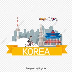 the korean city is depicted in this flat style, with an orange ribbon around it