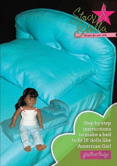 There are step by step instructions and photos to construct this upholstered fabric covered bed on top of a wooden bed base. The project requires some basic carpentry (jigsaw and drill use) but is designed to be achievable for people who have limited experience with these tools.  Pattern is in PDF format and will be available to you by instant download once payment is received. No physical items are shipped!   Materials for the bed:   Fabric 1 yard of material to cover the bed base, head board, Stella Bed, Wooden Bed Base, Making A Bed, American Girl Patterns, Wood Crafting Tools, Doll Beds, Doll Bed, Fabric Glue, Ag Dolls