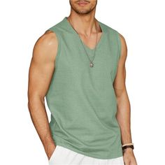 70%Rayon, 30%Linen Imported Pull On Closure Machine Wash Linen Fabric ---- The Men's Linen V Neck Tank Top Is Made Of High Quality Linen Fabric, Cool And Breathable, Soft And Skin-Friendly, Lightweight And Quick Dry. The Beach Sleeveless Shirt Keep You Cool And Relaxed All The Time Especially In Summer Spring And Autumn. Classic Design ---- This Men Casual Linen Sleeveless Shirt With Classic V Neck Collar And Sleeveless Design. It Makes You More Sexy In Casual Or Beach. This Men Beach Yoga Shirt Casual Green Sleeveless Vest, Casual Sleeveless Tank Top For Leisure, Casual Sleeveless Beach Vest, Casual Green Sleeveless Top, Summer Tank Top For Leisure, Cotton Vest Top For Vacation, Casual Tank Vest For Summer, Summer Cotton V-neck Vest, Sleeveless Summer Top For Leisure