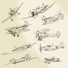 an old fashioned drawing of airplanes flying in different directions and shapes, from top to bottom