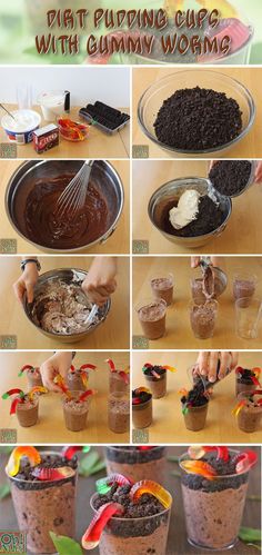 how to make chocolate pudding cups with gummy worms and sprinkles - step by step instructions