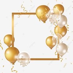 golden and white balloons with confetti, streamers, party, celebration png and psd