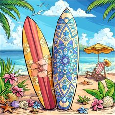 two surfboards sitting on top of a sandy beach next to the ocean with palm trees