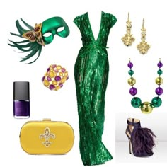 a green dress with purple and gold accessories on it, including shoes, necklaces, earrings, and purse