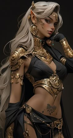 an image of a woman dressed as a warrior with long hair and gold jewelry on her chest