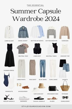 If you are looking for inspiration for women’s summer outfits, this minimal and light summer capsule wardrobe for 2024 is for you. This soft, cool, and casual summer capsule wardrobe will take you from day to night. Summer outfits 2024 trends, European summer capsule wardrobe, wardrobe basics summer, summer travel wardrobe European Summer Outfits Vacation, Summer Wardrobe 2024, Light Summer Capsule Wardrobe, Summer 2024 Outfits Trends, Summer Capsule Wardrobe 2020, 10 Day Travel Wardrobe Summer, Summer Capsule Wardrobe 2022, Capsule Wardrobe 2022