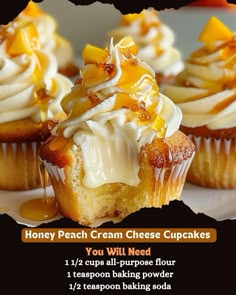 an advertisement for honey peach cream cheese cupcakes