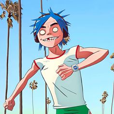 a cartoon character with blue hair and green shorts