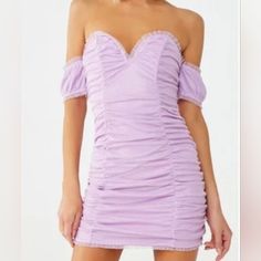 New With Tags Size: Us Medium Color: Lilac With Sparkles Double Lined Material And Corset Like Boning Near Top For Structure. Zip And Hook Back Closure. Can Fit Like A Small As Well. Off The Shoulder Mini Dress, Forever 21 Dresses, 21 Dresses, Off The Shoulder, Lilac, Colorful Dresses, Forever 21, Mini Dress, Womens Dresses