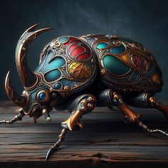 an intricately designed beetle sitting on top of a wooden table