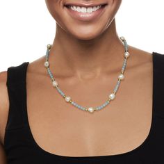 Ross-Simons - 30.00ct t. w. Aquamarine Bead, 8-10mm Cultured Pearl Necklace. 18". Tasteful and on trend, this chic necklace awakens the classic beauty of pearls with a pop of gemstone color. Features 30.00 ct. t. w. round aquamarine beads and 8-10mm cultured freshwater baroque pearls, and finishes with 14kt yellow gold spacers and a fishook clasp. Aquamarine bead and white pearl necklace. Aquamarine birthstones are the perfect gift for March birthdays. March Birthdays, Aquamarine Birthstone, Chic Necklace, Aquamarine Beads, White Pearl Necklace, Cultured Pearl Necklace, Classic Beauty, Baroque Pearls, White Pearl