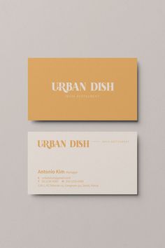 an orange and white business card with the word urban dish on it's side