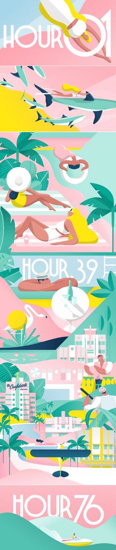 an abstract poster with the words hour and hour in different colors, shapes and sizes