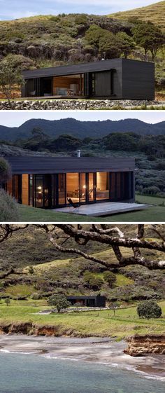 three different views of a house on the side of a hill with trees and water