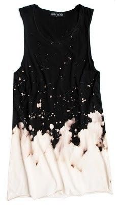 a black and white tank top with paint splattered on it