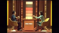 two people sitting on chairs in front of a tv screen with the words free from