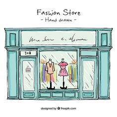 a fashion store with mannequins and dresses on the front window, hand drawn