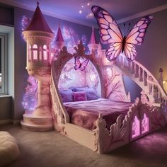 a bedroom with a bed, stairs and a fairy castle