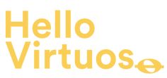 the words hello virtuoose are in yellow and orange letters on a white background