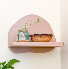 a pink shelf with a potted plant on it and a bowl sitting on top