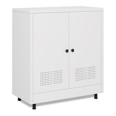 a white cabinet with two doors and black handles