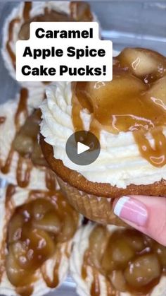 caramel apple spice cupcakes with whipped cream and caramel drizzle