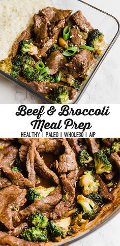 beef and broccoli meal prepped in a casserole dish with rice