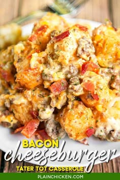 bacon cheeseburger tater tot casserole on a white plate with text overlay