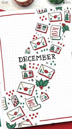 a christmas card with the words december written on it and holiday decorations around it in red, green and white