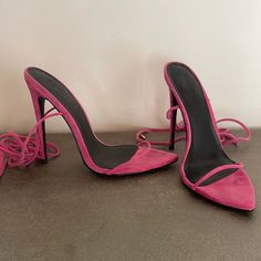 Handmade Lace Up/ Hot Pink Suede Heels. Beautifully Made, Size Too Big.Never Worn- Purchased In August 2021 Pink Suede Open Toe Heels, Pink Lace-up Heels For Formal Occasions, Pink Suede Closed Toe Heels, Pink Suede Heels With 4-inch Heel, Pink Suede Heels With Pointed Toe, Pink Suede High Heels, Pink Suede Heels With Heel Strap, Pink Suede Open Heel Shoes, Pink Suede Open Heel Heels