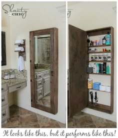 two pictures of a bathroom with the door open