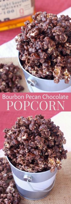 chocolate popcorn is in a metal bowl on top of a table with the words bourbon pecan