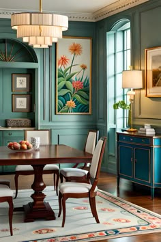 How to Decorate a Colorful Traditional Dining Room Traditional Green Dining Room, Green Blue Dining Room, Eclectic Decor Dining Room, Green Rug Dining Room, Blue And Green Dining Room, Blue Green Dining Room, Dining Room Color Ideas, Green Dining Room Decor, Traditional Dining Room Decor