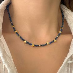 Lapis lazuli choker! A Seed bead choker with genuine lapis lazuli and little stars. A unique Tiny stars necklace  ✔️Genuine Lapis Lazuli Necklace✔️ High-Quality  925 Sterling Silver Available with a  24K Gold  Finish This blue lapis necklace is great for wearing alone or for layering with other necklaces. It is the perfect gift for your girlfriend, sister, bridesmaids, or even yourself! Made by hand in Greece.     👉A few words about Genuine Lapis Lazuli. Lapis Lazuli is one of the most sought-a Choker Necklace Beaded, Layered Seed Bead Necklace, Star Beaded Necklace, Necklace Designs Beads, Bracelet Ideas Seed Beads, Beaded Jewelry Simple, Fall Beaded Jewelry, Beads Necklace Ideas, Seed Bead Necklace Ideas