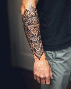 a man's arm with an all seeing eye tattoo on the left forearm and hand