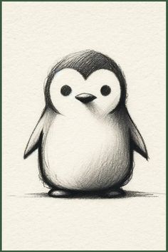 Pencil sketch of a cute, cartoonish penguin with large eyes and a heart-shaped face. Easy Artistic Drawings, Drawing Of Animals Easy, Simple Easy Pencil Drawings, Drawing Ideas Pencil Beginner, Art Easy Drawing Sketches, Pencil Art Drawings Sketches Ideas Simple, Easy Sketching For Beginners, Pencil Drawing Tutorials For Beginners, Easy Art Drawings For Beginners