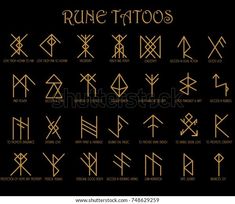 the set of ancient symbols in gold color on a black background, for tattoo design