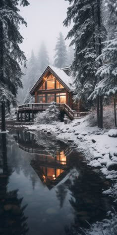 a cabin in the woods with snow on the ground and trees around it, near a body of water